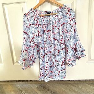 Chaps blue and red ruffle sleeve top